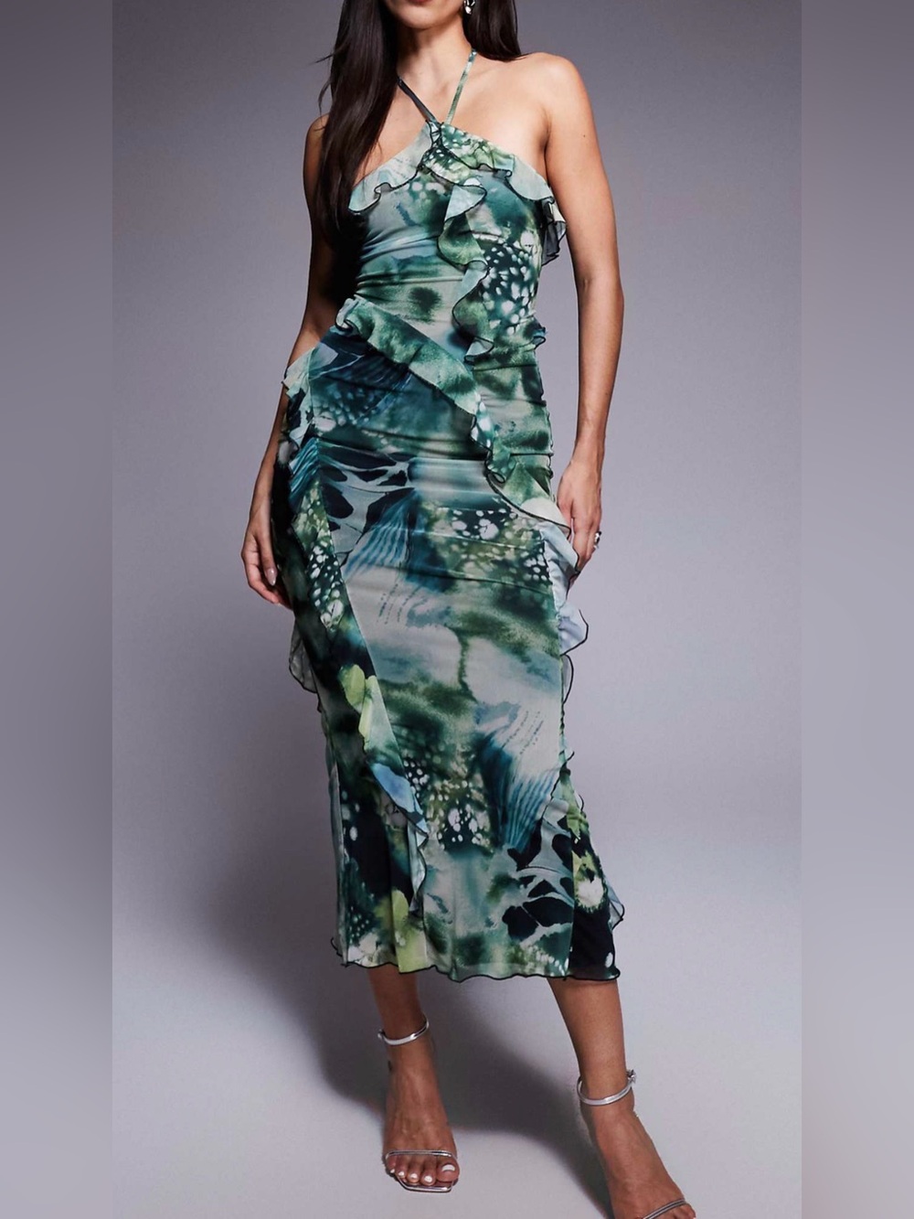 ASOS Green Floral Halter Ruffle Midi Dress